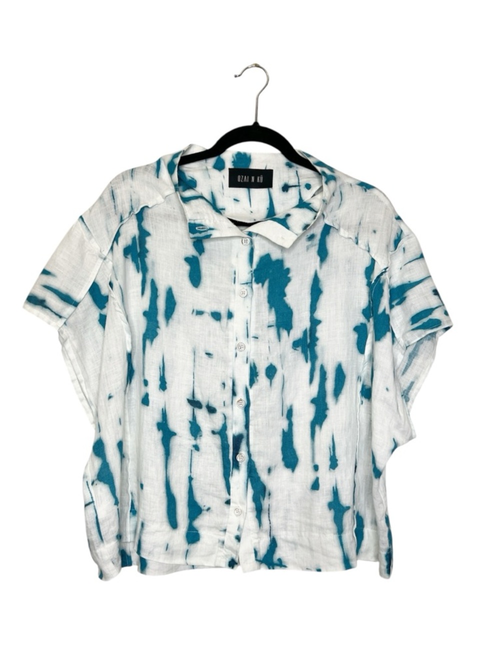 OZAI N KU Island Linen White and Turquoise blue oversized Top size 1 (Medium)
